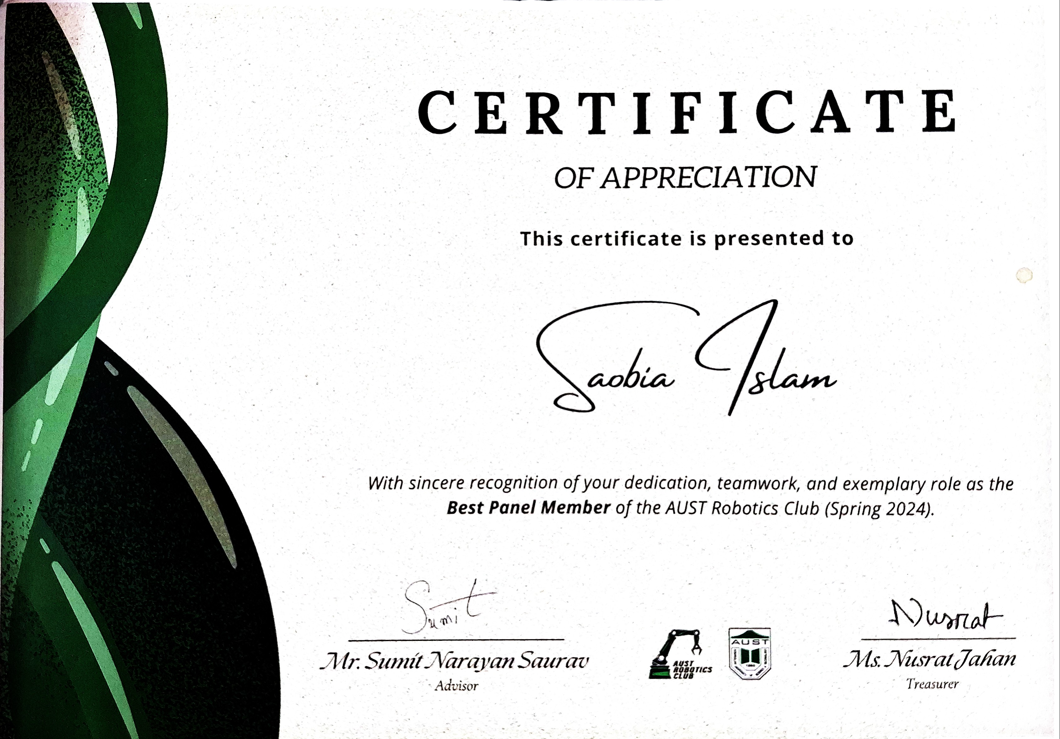 Best Panel member of Website Team Certificate